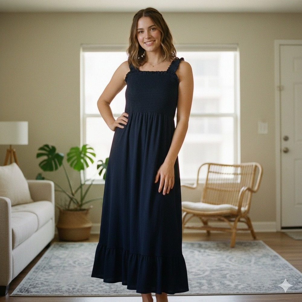 MICHAEL KORS Navy Blue Smocked Bodice Maxi Dress Ruffle Hem - Size 1X